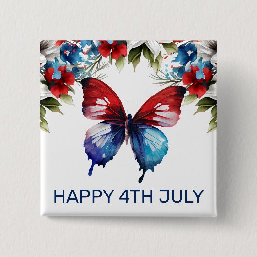 水彩の赤、青、白の花 4th of July 缶バッジ (正面)