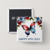 水彩の赤、青、白の花 4th of July 缶バッジ (正面&裏面)