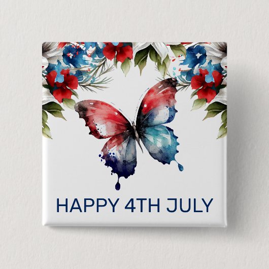 水彩の赤、青、白の花 4th of July 缶バッジ (正面)