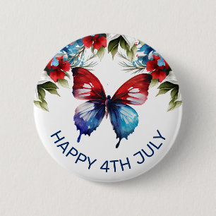 水彩の赤、青、白の花 4th of July 缶バッジ