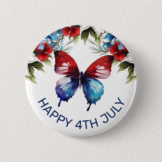 水彩の赤、青、白の花 4th of July 缶バッジ (正面)