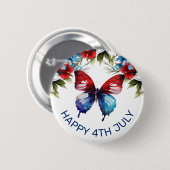 水彩の赤、青、白の花 4th of July 缶バッジ (正面&裏面)