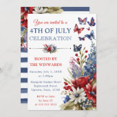 水彩の赤、青、白の花 7月4日 招待状 (正面/裏面)