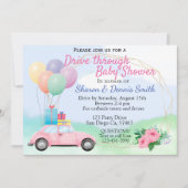 水彩の車のベビーシャワーを通り抜ける女の子 招待状 (正面)