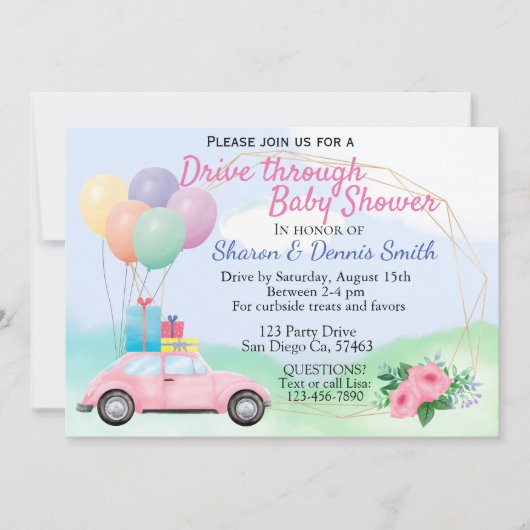 水彩の車のベビーシャワーを通り抜ける女の子 招待状 (正面)