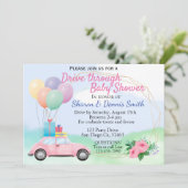 水彩の車のベビーシャワーを通り抜ける女の子 招待状 (スタンド正面)