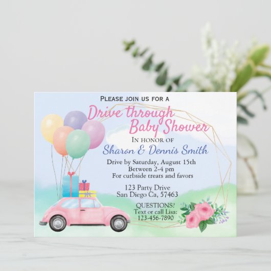 水彩の車のベビーシャワーを通り抜ける女の子 招待状 (スタンド正面)