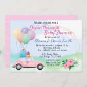 水彩の車のベビーシャワーを通り抜ける女の子 招待状 (正面/裏面)