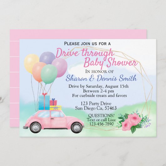 水彩の車のベビーシャワーを通り抜ける女の子 招待状 (正面/裏面)