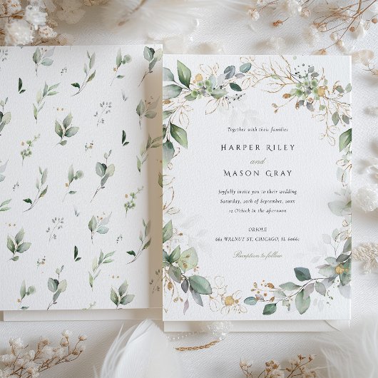 水彩の輪を愛の緑の金ゴールド 招待状