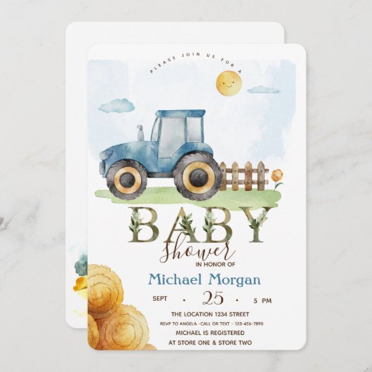 水彩の農業用トラクターと干草のベイビーシャワー 招待状 (正面/裏面)