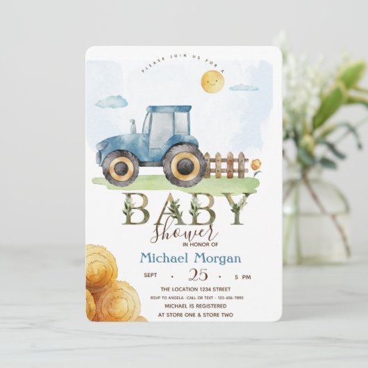 水彩の農業用トラクターと干草のベイビーシャワー 招待状 (スタンド正面)