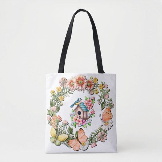 水彩の野の花と蝶のリース トートバッグ (正面)