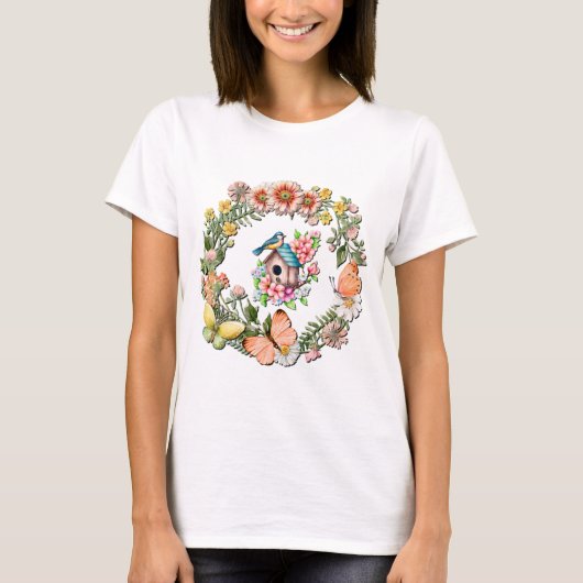 水彩の野の花と蝶のリース Tシャツ (正面)
