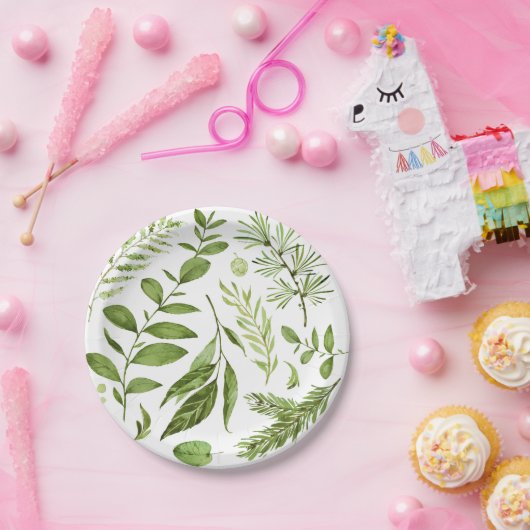 水彩の野生の緑の葉の離れクラスター ペーパープレート (パーティー)