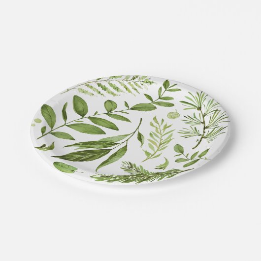 水彩の野生の緑の葉の離れクラスター ペーパープレート (アングル)