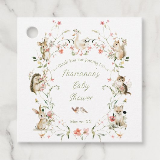 水彩の野生の花と森林の動物のベビーシャワー フェイバータグ (正面)