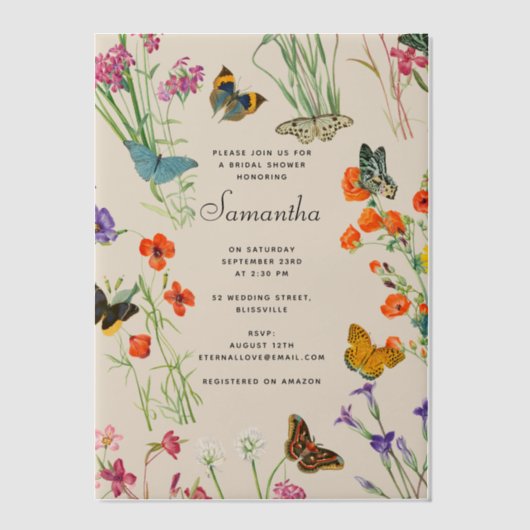水彩の野生の花と蝶のウェディングシャワー ベラム紙招待状 (正面)