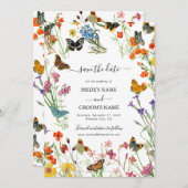 水彩の野生の花と蝶のウェディング セーブザデート (正面/裏面)