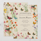水彩の野生の花と蝶のリタイアメントパーティー 招待状 (正面/裏面)