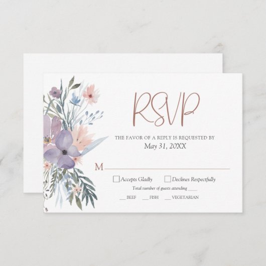 水彩の野生の花のウェディング 出欠カード (正面/裏面)