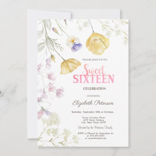 水彩の野生の花のスイート16 招待状 (正面)
