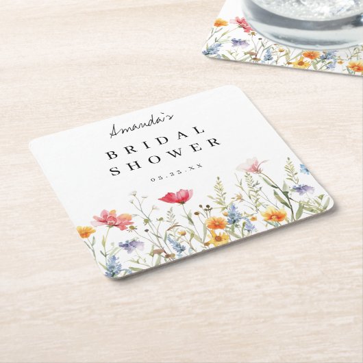 水彩の野生の花のブライダルシャワー スクエアペーパーコースター (アングル)