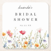 水彩の野生の花のブライダルシャワー スクエアペーパーコースター (正面)