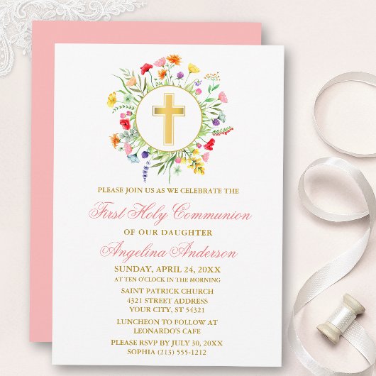 水彩の野生の花のリース ゴールド ピンクの聖体拝領 招待状