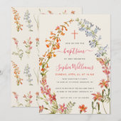水彩の野生の花の女の子の洗礼 招待状 (正面/裏面)