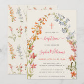 水彩の野生の花の少女の洗礼の花のデザイン 招待状 (正面/裏面)