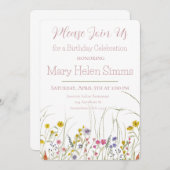 水彩の野生の花の誕生日パーティー招待状 招待状 (正面/裏面)