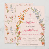 水彩の野生の花をあしらったピンクの花のデザイン　女の子の洗礼式用 招待状 (正面/裏面)