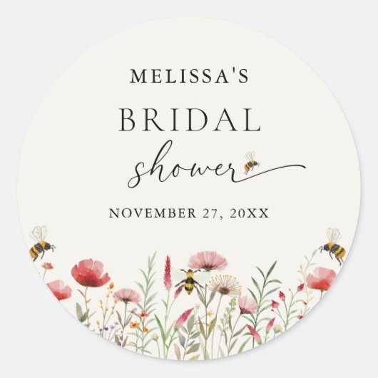 水彩の野生の花を意味する Bee のブライダルシャワー ラウンドシール (正面)
