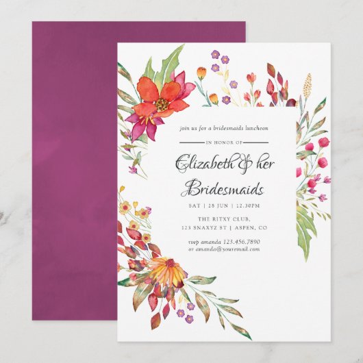 水彩の野生の花を添えたブライズメイドのランチ会 招待状 (正面/裏面)
