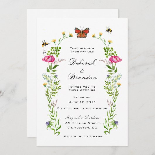 水彩の野生の花園での結婚式の招待状 案内状 (正面/裏面)
