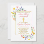 水彩の野生の花 ゴールド ピンク 初聖体拝領 招待状 (正面)