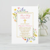 水彩の野生の花 ゴールド ピンク 初聖体拝領 招待状 (スタンド正面)