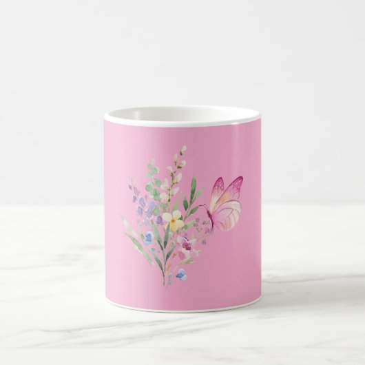 水彩の野花ブーケとピンクの蝶 コーヒーマグカップ (中央)