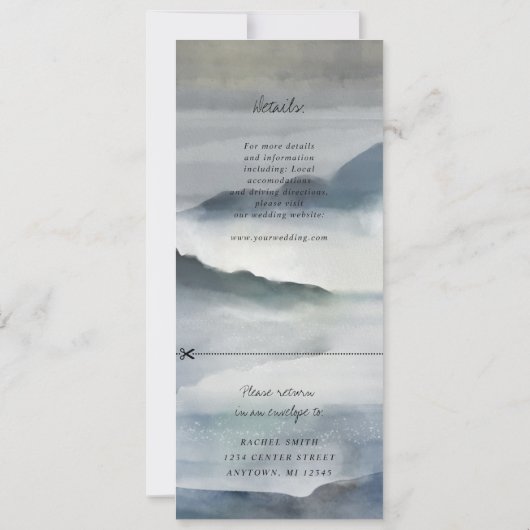 水彩の霧の多い山々の結婚式に出席するw rsvp 招待状 (裏面)