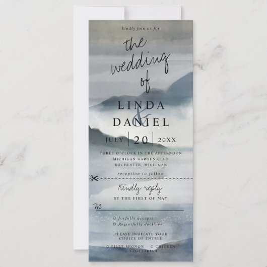 水彩の霧の多い山々の結婚式に出席するw rsvp 招待状 (正面)