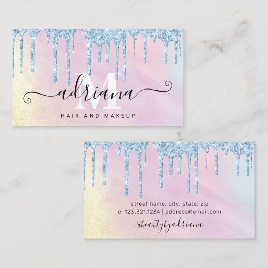 水彩の青いグリッターは髪を落とし、化粧をする 名刺 (正面/裏面)