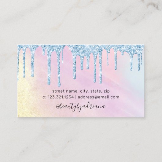 水彩の青いグリッターは髪を落とし、化粧をする 名刺 (裏面)
