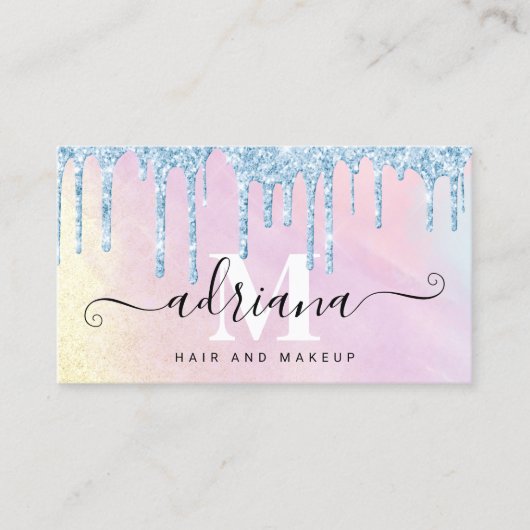 水彩の青いグリッターは髪を落とし、化粧をする 名刺 (正面)