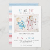 水彩の青いピンク、男女がかわいい 招待状 (正面/裏面)