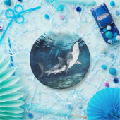 水彩の青い灰色と白いサメの海  ペーパープレート (パーティー)