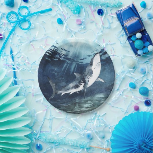 水彩の青い灰色と白いサメの海  ペーパープレート (パーティー)