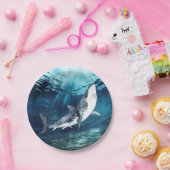 水彩の青い灰色と白いサメの海  ペーパープレート (パーティー)