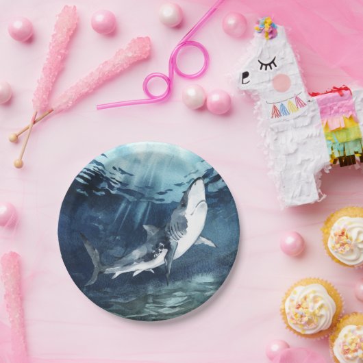 水彩の青い灰色と白いサメの海  ペーパープレート (パーティー)