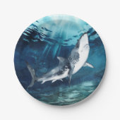 水彩の青い灰色と白いサメの海  ペーパープレート (正面)